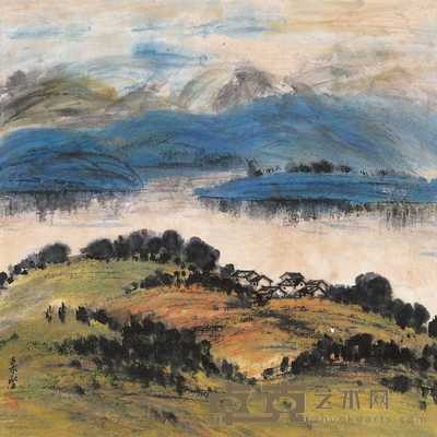 沈柔坚 平湖远山 立轴 68×68cm